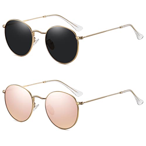MEETSUN Round Polarized Sunglasses for Women Men Classic Retro Metal Frame Sun Glasses UV Protection - color: (2 Pack) Gold/Grey + Gold/Pink