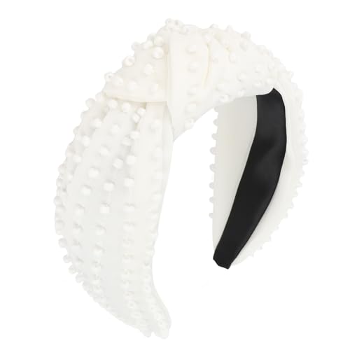YISSION White Knotted Headband for Women - Wide Pearl Embellished Hair Hoop, Stylish Hair Accessory for Daily Wear, Weddings & Casual Outfits - color: Pure White