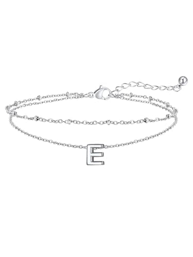 FaithHeart Initial Ankle Bracelets for Women, Waterproof 14k Gold Plated Initial Anklets Non Tarnish Stainless Steel Cute Layered Anklet Summer Beach Jewelry - color: Silver, size: Initial E