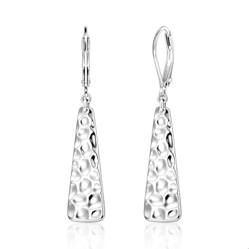 ALEXCRAFT Hammered Silver Dangle Earrings for Women, 14K Gold Plated French Leverback Earrings, Hypoallergenic Lightweight Statement Hammer Square Bar Long Drop Earing for Women Trendy Jewelry Gifts - color: SilverA