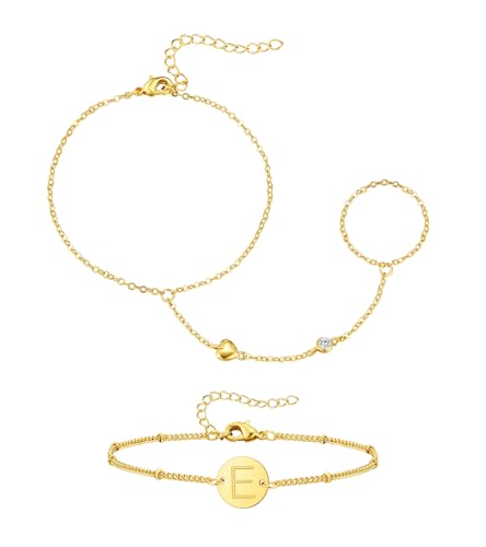 doubgood Gold Bracelets for Women, 5 Piece 14K Gold Plated Bracelet Stack Beaded Ball Jewelry Sets Gifts for Women - color: Style 5-Gold Hand Chain+E