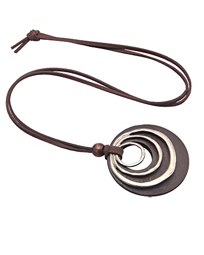 GelConnie Leather Cord Necklace Chain Multilayer Wooden Pendant Necklaces Vintage Jewelry Boho Long Sweater Necklace for Women Men - color: 3 circles Brown Necklace