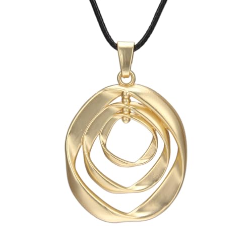 PU Leather Necklace Vintage Boho Style Multilayer Pendant Long Sweater Necklace Jewelry for Women Men with Adjustable Leather Cord - color: Gold Unique 3 Circles Statement Pendant