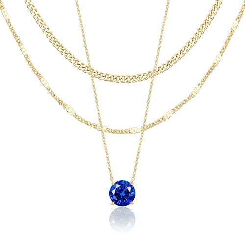 WomenGifts Layered Gold Necklaces for Women, 14K Gold Sterling Silver Plated Dainty Pendant Necklace Set Non Tarnish, Chunky Stackable Cuban Chain Choker, Trendy Birthstone Vacation Jewelry Gift - color: Gold, style: Cubic Zirconia-Created Sapphire-Sept
