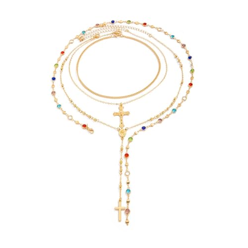 4PCS Layered Gold Cross Necklaces for Women Multi Strand Colorful Rosary Necklace Set Trendy Bohemian Bead Pearl Y Long Pendant Necklace Adjustable Gold Stack Necklace Jewelry Accessory