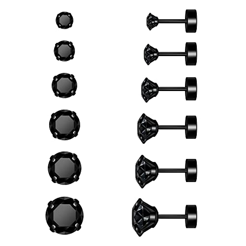 Flat Back Stud Earrings for Women - Hypoallergenic Surgical Steel Earrings with CZ Stones - 6 Pairs (18-20G) - color: Black, size: 18 G