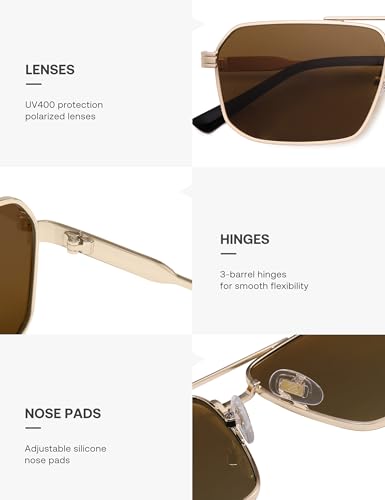 SOJOS Retro Polarized Square Sunglasses for Women Men Vintage Large Double Bridge UV Protection Metal Sun Glasses SJ1246 - color: Gold/Brown