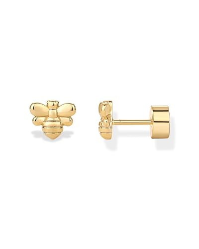 PAVOI 14K Gold Plated Dainty Flat Back Earrings for Women - Hypoallergenic Sterling Silver Posts Helix Cartilage Piercing Jewelry - Emoji Motif Bow Celestial Flatback Gold Stud Earrings Screw Back - style: Bumble Bee