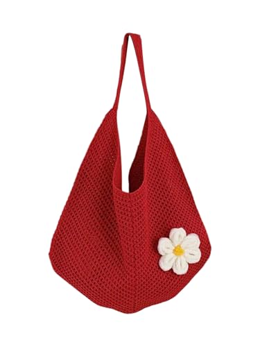 OYOANGLE Women's Floral Applique Crochet Beach Tote Bag Summer Boho Mesh Woven Tote Bag - color: Red