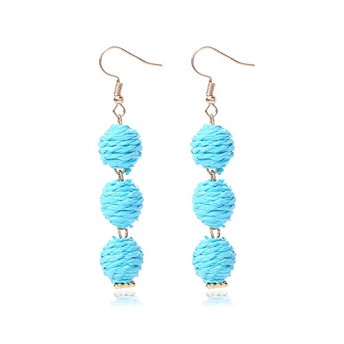 Lightweight Boho Thread Raffia Earrings for Women Handmade Braided Straw Wicker Lantern Ball Earrings Summer Beach Bohemian Geometric Earrings Holiday - color: blue