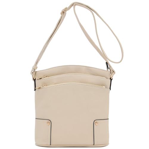 ALYSSA Triple Zip Pocket Large Crossbody Bag - color: Beige