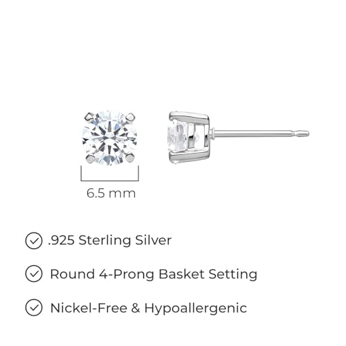 Amazon Essentials Plated Sterling Silver Cubic Zirconia Stud Earrings (Round & Princess) - color: White/Platinum, size: 6.5 mm, style: Round Cut
