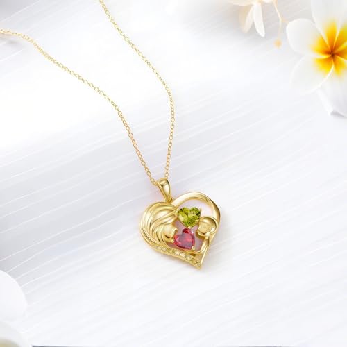 Mothers Day Gifts 14K Yellow Gold Mother Daughter Heart Pendant Necklace with 12 Months Birthstone Birthday Gifts for Mom Anniversarry Jewelry for Mom Wife Girlfriend - color: 01-08-Jan-Aug Birthstone
