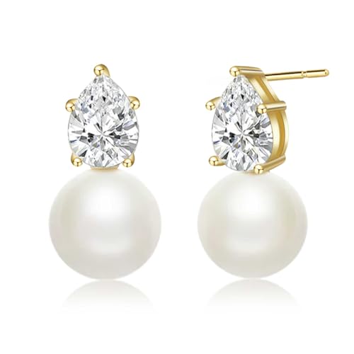 Pearl Earrings for Women, Dainty Wedding Bridal Earrings 14k Gold Plated CZ Pearl Drop Earrings for Women Trendy Hypoallergenic Unique Gold Drop Earrings Fashion Prom Jewelry - color: Gold-M