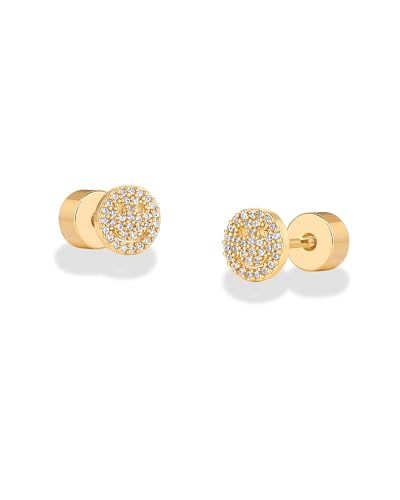 PAVOI 14K Gold Plated Dainty Flat Back Earrings for Women - Hypoallergenic Sterling Silver Posts Helix Cartilage Piercing Jewelry - Emoji Motif Bow Celestial Flatback Gold Stud Earrings Screw Back - style: Smiley