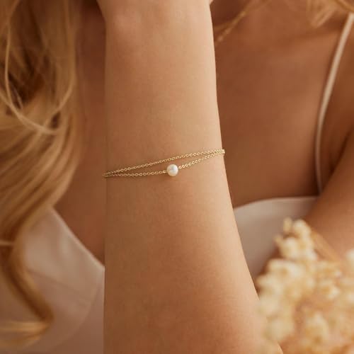 SLOONG Gold Pearl Bracelets for Women Trendy, 14K Gold Plated Dainty Stackable Layered Chain Bridesmaid Bracelets, Waterproof Wedding Jewelry for Women Adjustable 6"+2" - color: Style1(Pearl)
