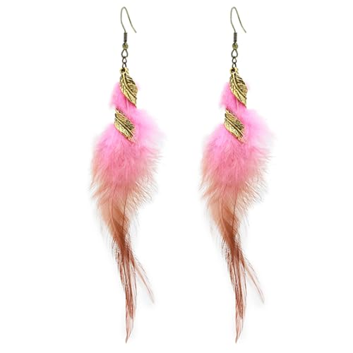 Bohemian Handmade Natural Long Feather Dangle Earrings for Women Multicolor Tassel Feathers Dangle Drop Earrings Vintage Bohemian Earrings Boho Feather Earrings - color: Pink