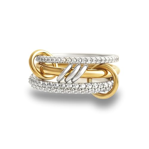 BKC Gold Stackable Rings for Women, 14k Gold Plated Chunky Statement Cubic Zirconia Rings, Silver Gold Multi Ring Interlocking Mixed Metals Stack Rings Set Non Tarnish - color: Harmony set, size: 10