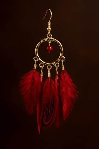 Feather Earrings for Women, Boho Long Brown Gold Dangle Drop Earrings, Handmade Statement Vintage Western Style Lightweight Trendy 2026 Fancy Unique Jewelry Gift - color: Red