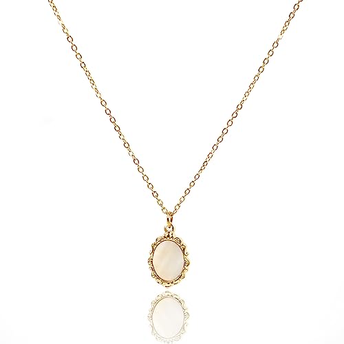 FarF&ME Dainty Mother of Pearl Necklace Gold Silver Oval Shell Pendant Cable Chain Vintage Retro Stackable Necklace Gift for Women