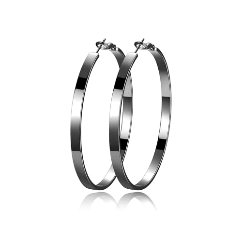 EXGOX Silver Hoop Earrings for Women - Sterling Silver & 14K Gold Plated - Hypoallergenic 925 Silver - Big Hoop Earrings (30/40/50/60/70mm) - color: 4MM Wide-Black 50mm
