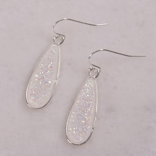 Teardrop Dangle Earrings for Women with Simulated Druzy Stones, in Gold or Rose Gold Tone - color: Silver - White Created Opal