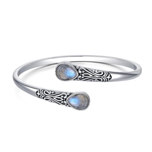 925 Sterling Silver Genuine Gemstone Bracelet for Women Men Handmade Adjustable Boho Navajo Style Bangle Cuff Natural Stone Jewelry Gift - color: Labradorite