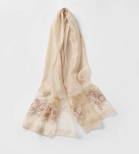 Jeelow Silk Blend Floral Fashion Scarf Shawl Wrap Lightweight Sheer For Women Floral Embroidery Wedding Party Prom - color: Champagne Bloom