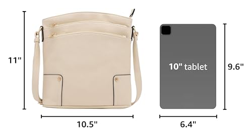 ALYSSA Triple Zip Pocket Large Crossbody Bag - color: Beige