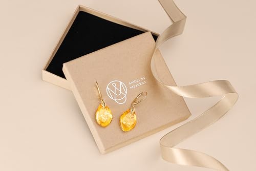Leverback Dangle Earrings for Women – Gold-Plated 925 Silver Drop Earrings with Natural Yellow Baltic Amber Piece, Lightweight Jewelry with Secure Closure for Everyday Elegance - color: Amber Flame