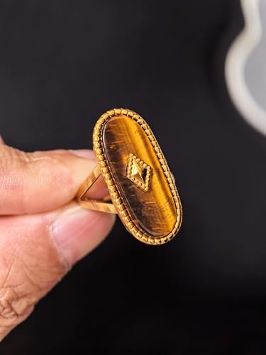 Tigers Eye Ring, Adjustable Stainless Steel Natural Stone Rings for Women, Vintage Chunky Gold Jewelry