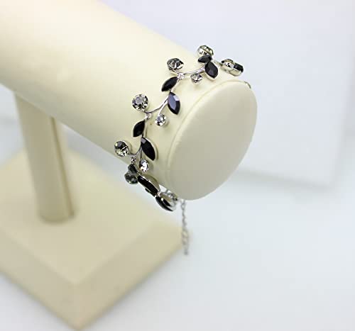 Faship Gorgeous Rhinestone Crystal Floral Necklace Earrings Set - color: Black / Matching Bracelet