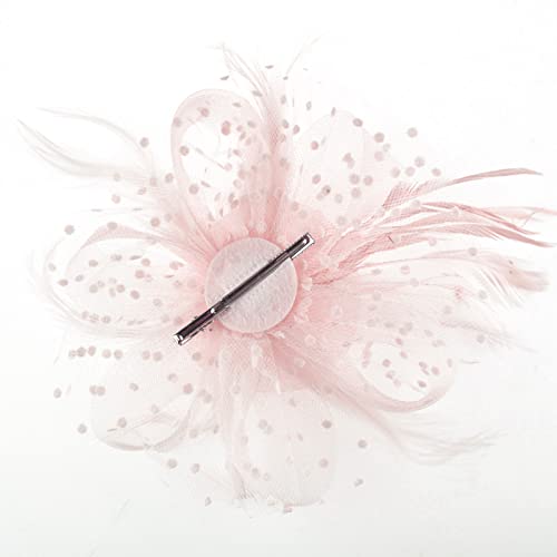 DRESHOW Fascinators Hat Flower Mesh Ribbons Feathers on a Headband and a Clip Tea Party Headwear for Girls and Women - color: 7" Diameter / Blush Pink