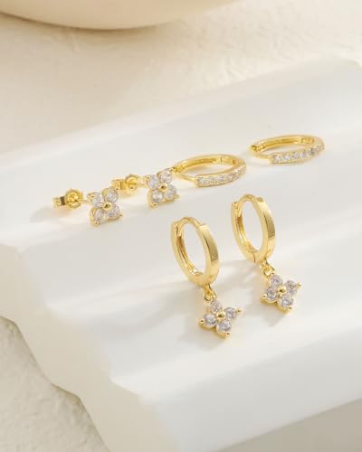 3 Pairs Gold Hoop Earrings Set for Women, Hypoallergenic 14K Gold Plated Huggie Earrings Stacks for Multiple Piercing Dainty Stud Earring Cartilage Birthstone Earring Women Jewelry Gift - color: 04. April(Diamond)