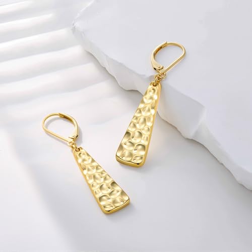 ALEXCRAFT Hammered Silver Dangle Earrings for Women, 14K Gold Plated French Leverback Earrings, Hypoallergenic Lightweight Statement Hammer Square Bar Long Drop Earing for Women Trendy Jewelry Gifts - color: GoldA