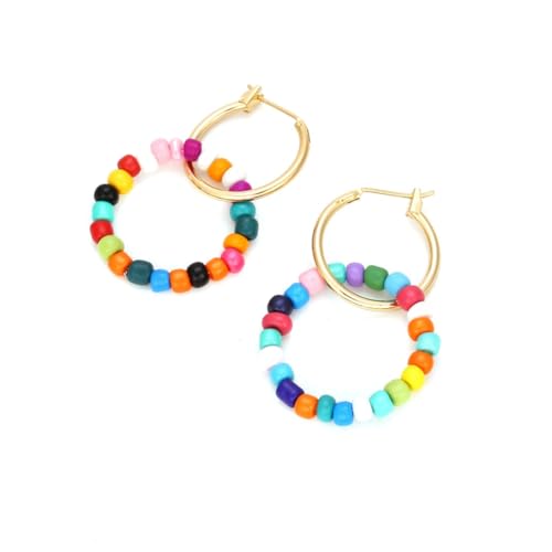 Bohemian Color Blocked Wooden Bead Earrings Simple Geometric Handmade Dangle Drop Earrings For Women