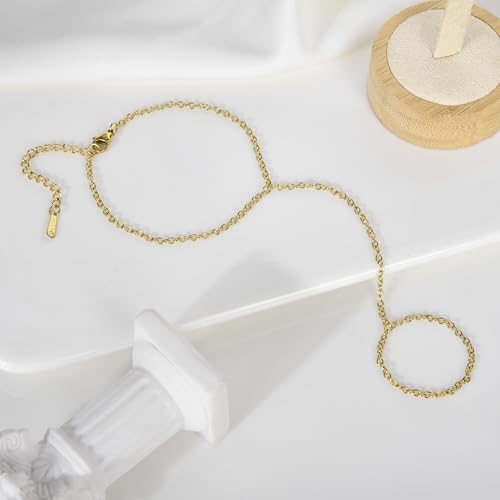 Hand Chain Bracelet Stainless Steel Finger Ring Bracelet Adjustable Gold Plated Hand Chain CZ Stackable Boho Minimalist Jewelry for Women - color: Gold Hand Chain Bracelet AN137G