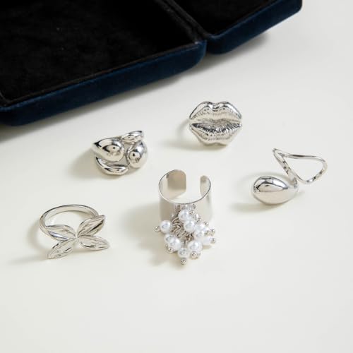 5Pcs Chunky Gold Ring Sets Vintage Lip Pearl Flower Knuckle Statement Ring Set Irregular Stacking Open Ring Set Punk Fashion Jewelry Accessories for Women - color: Silver