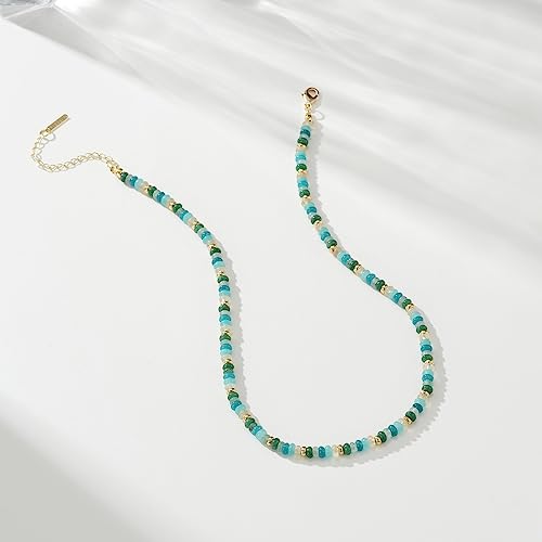 KissYan Boho Beaded Choker Necklace for Women, Gemstone Choker Natural Stone Freshwater Pearl Surfer Necklaces 14K Gold Plated Summer Beach Handmade Jewelry - color: E-Amazonite