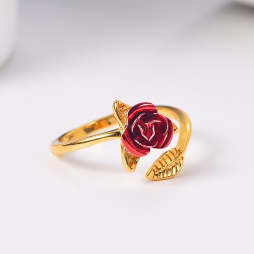 U7 Rose Flower Ring, Stackable Band Ring for Women Girls, Platinum Silver/Gold/Rose Gold Red Signet Rings Adjustable Fit Size 5 to 10 - color: Red Rose-Gold