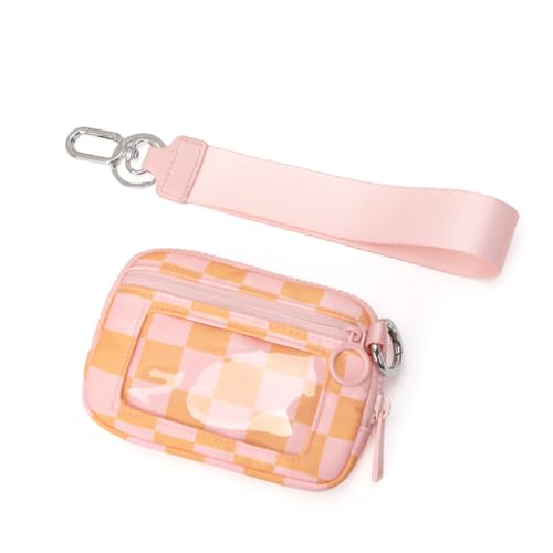 Wristlet Wallet for Women Mini Zip Card Case with Clear ID Window Zipper Coin Purse Lightweight Portable Keychain Wallet - color: Orange Pink