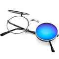 AIEYEZO Round Flip Up Sunglasses for Men and Women Rave Flip Glasses 90's Retro Steampunk Style - color: Silver/Ice Blue Mirror