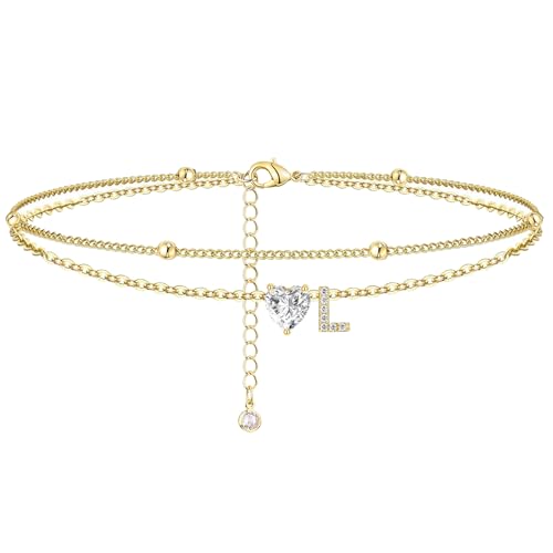 Ankle Bracelets for Women Waterproof 14K Gold Plated CZ Initial Anklet for Women Dainty Layered Letter Heart Ankle Bracelets Handmade Adjustable Foot Chain Anklet Summer Beach Jewelry - color: gold L