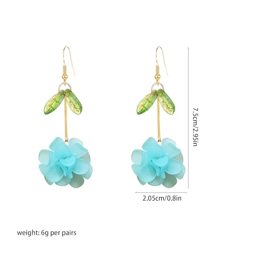 Resin Flower Cluster Ball Dangle Drop Earrings for Women Spring Summer Bohemian Floral Petal with Green Leaf Earrings Vacation Party Jewelry - color: Light Blue