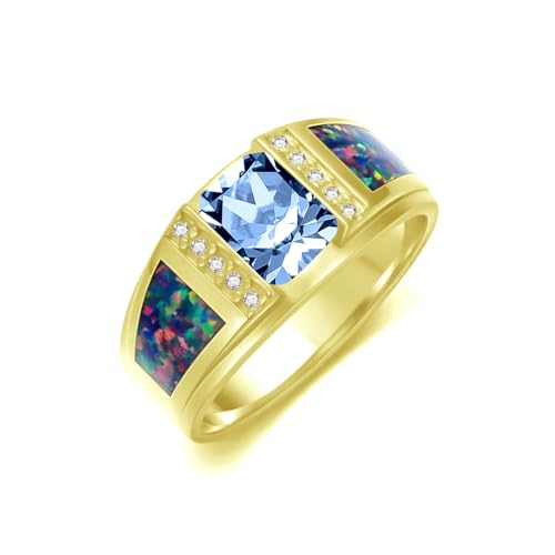 2CT Gemstone Wedding Ring for Men S925 Sterling Silver Gold Plated Opal Engagement Ring Vintage Retro Jewelry for Men Husband Anniversary Free Engraved Size 4 to 16 - style: Blue Topaz