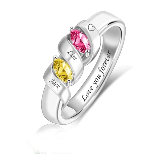 MissNaNa Mothers Ring With 1/2/3/4/5/6 Birthstones Personalized Engraved Name Rings for Women Stacking Birthstone Ring for Mom Grandma Daughter Wife Birthday Christmas Gift - color: 2 Birthstones