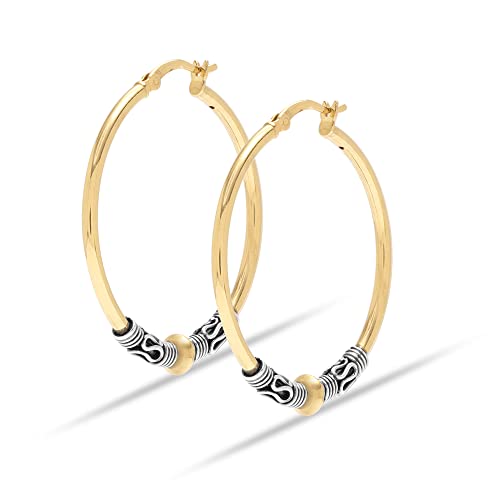 LeCalla 925 Sterling Silver Large Hoop Earrings | Lightweight Antique Bali Hoops | Two-Tone Bohemian Oxidized Balinese Earrings for Women - color: Two-Tone Bali-35mm