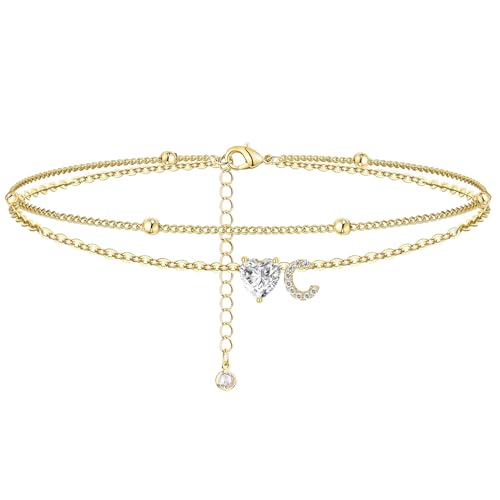 Ankle Bracelets for Women Waterproof 14K Gold Plated CZ Initial Anklet for Women Dainty Layered Letter Heart Ankle Bracelets Handmade Adjustable Foot Chain Anklet Summer Beach Jewelry - color: gold C