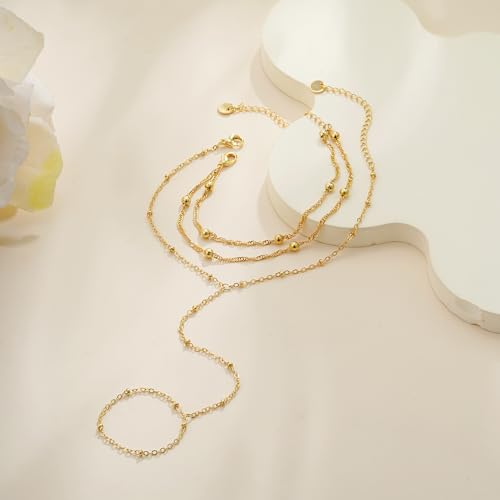 Hand Chain Bracelets for Women - 14K Real Gold Plated Dainty Stackable Paperclip Link Bracelets Hand Chain Bracelet Ring Gold Bracelets for Women Trendy - color: 5 Layered Bead Hand Chain