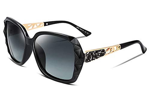 FEISEDY Polarized Women Square Sunglasses Sparkling Composite Shiny Frame B2289 - color: 2 Black/Fade Smoke